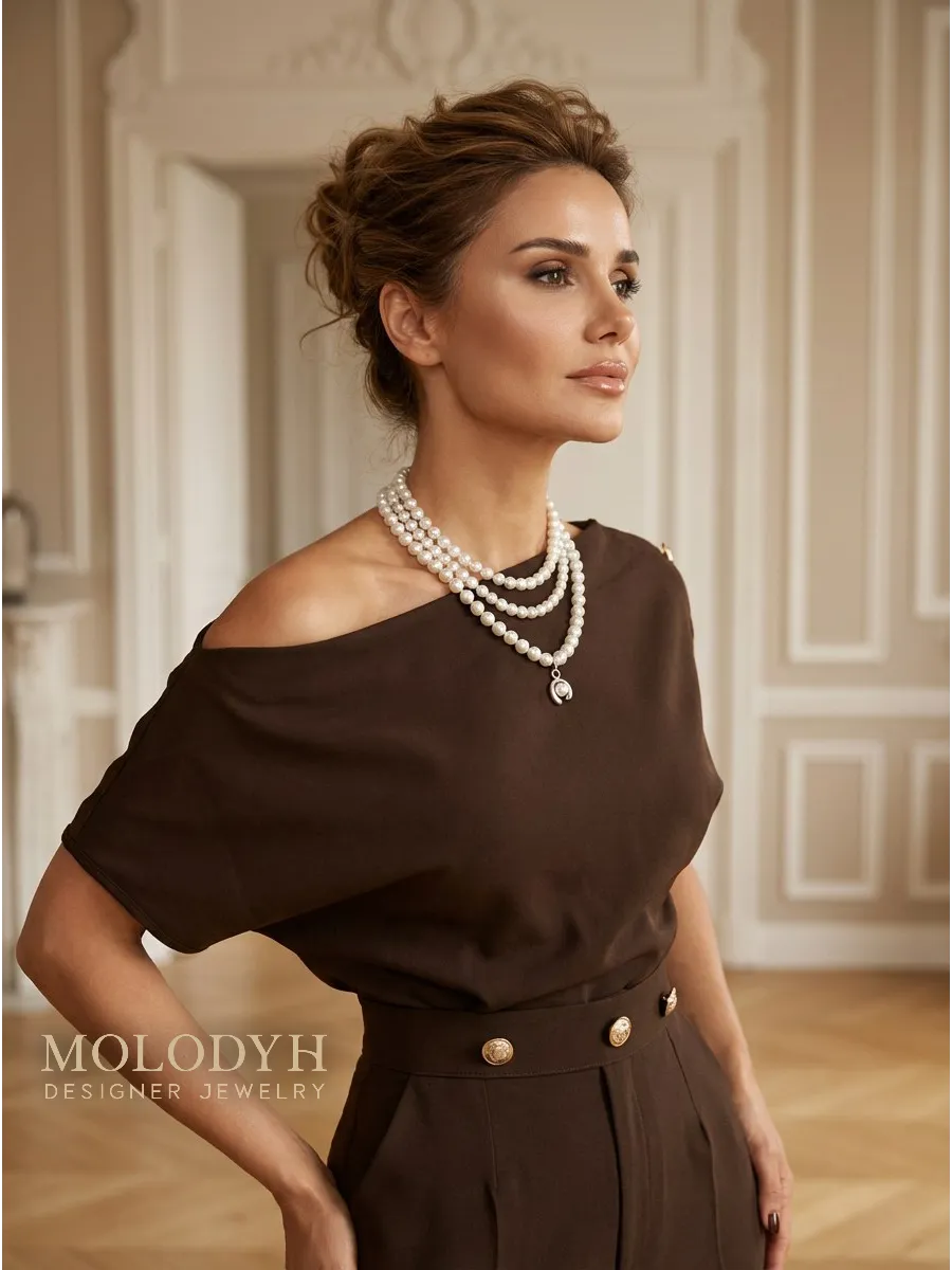 Многослойный жемчужный комплект трансформер колье и цепочка MOLODYH